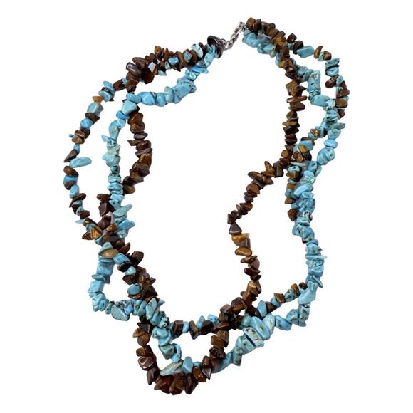 VTG Blue Turquoise Tiger Eye Layering Necklace 18" Bohemian Southwestern Boho - Picture 8 of 9